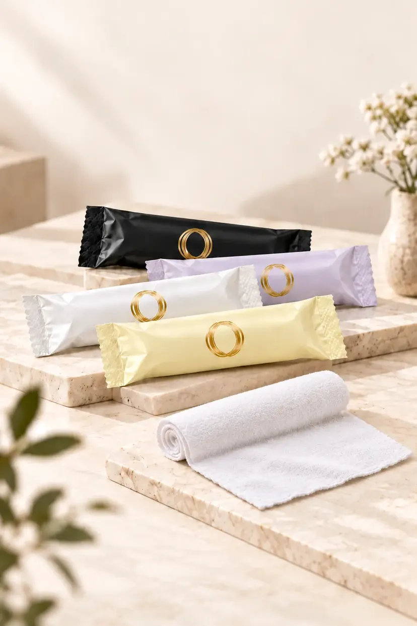 Oshibori Towel collection on stone: sealed sachets in matte black, light lilac, matte white and pale yellow beside a rolled white microfiber towel
