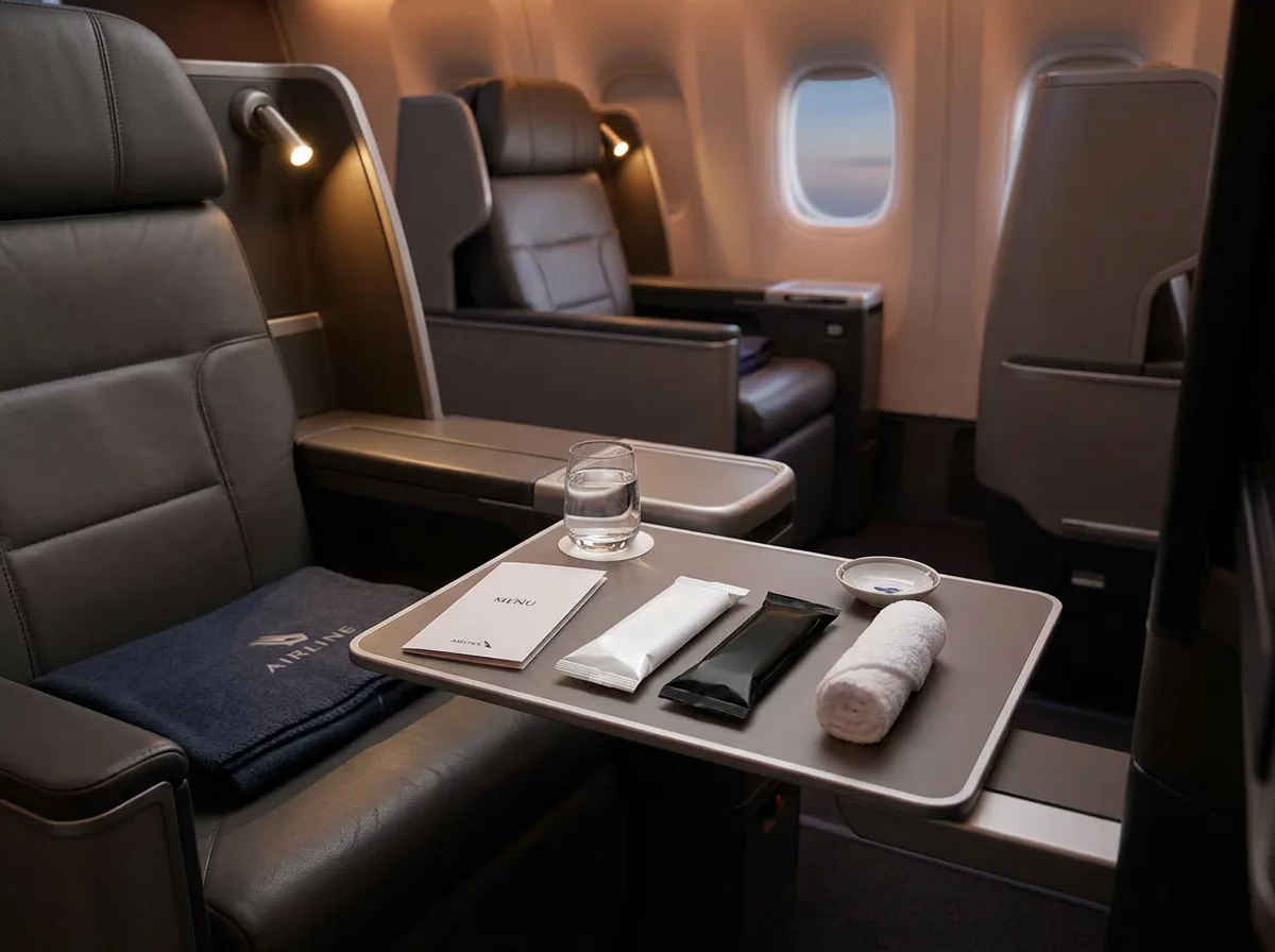 Sealed oshibori towel packages on tray table in airline first class cabin