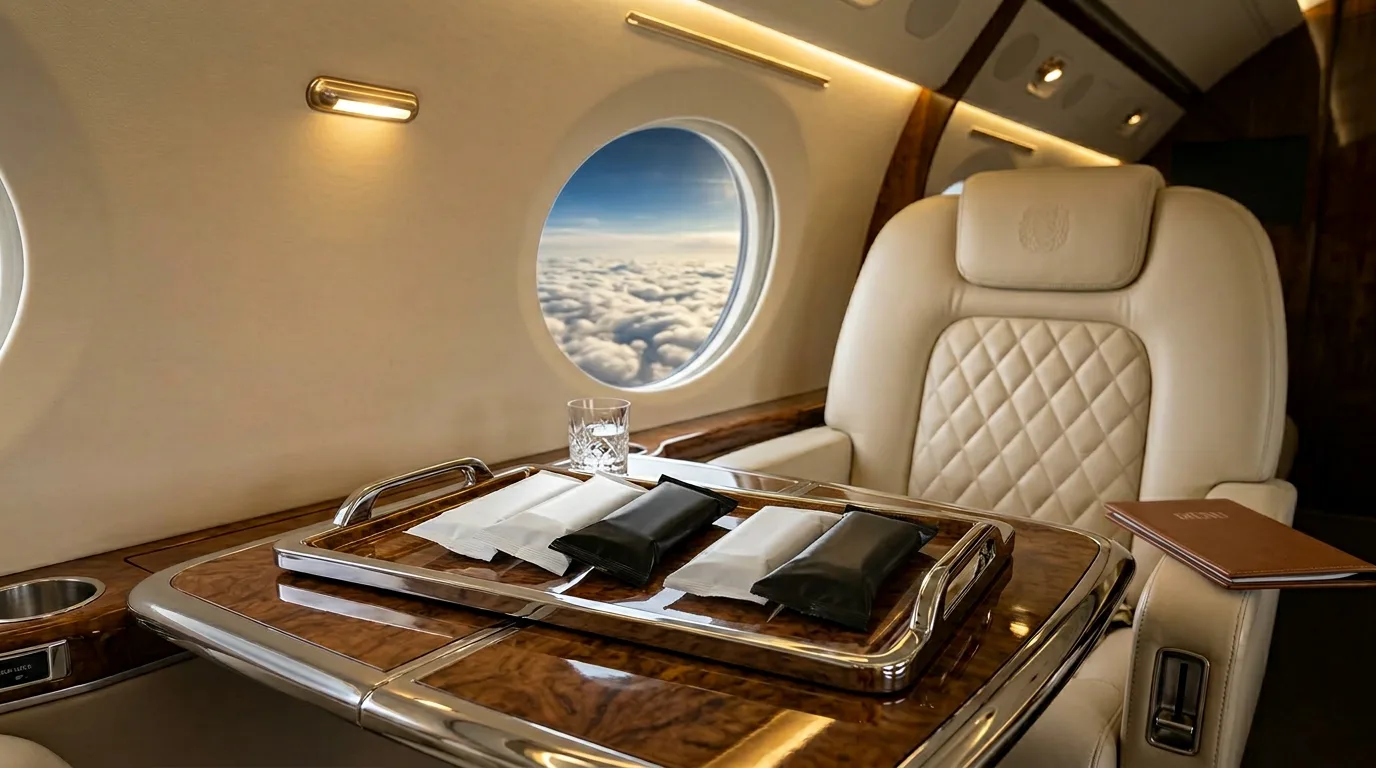 Premium oshibori towels on polished tray inside luxury private jet cabin