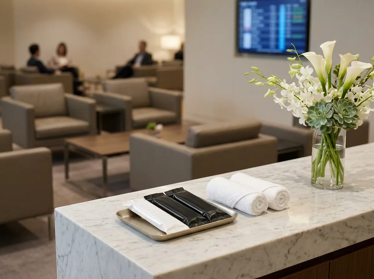 Premium oshibori towels on marble counter in luxury airline VIP lounge