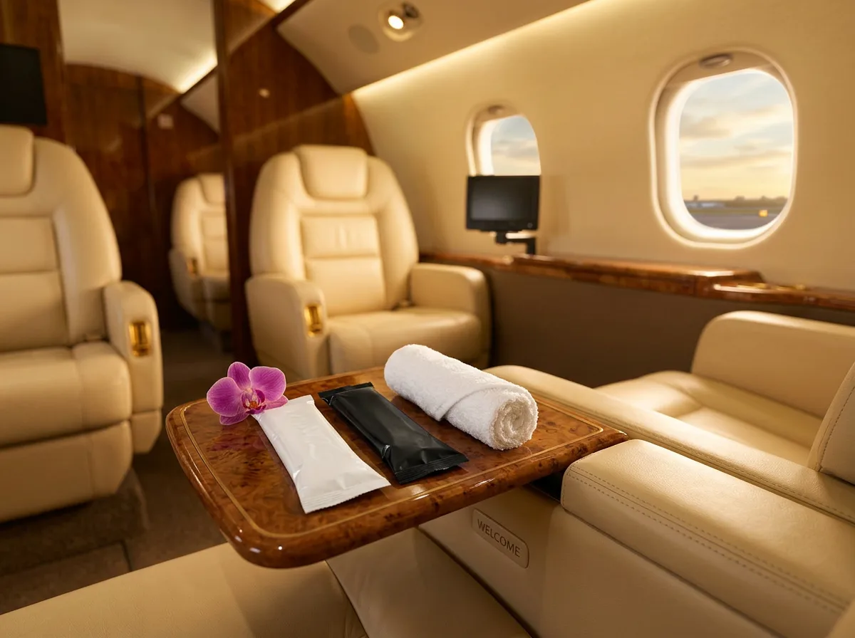 Custom packaged oshibori towels served on a private jet