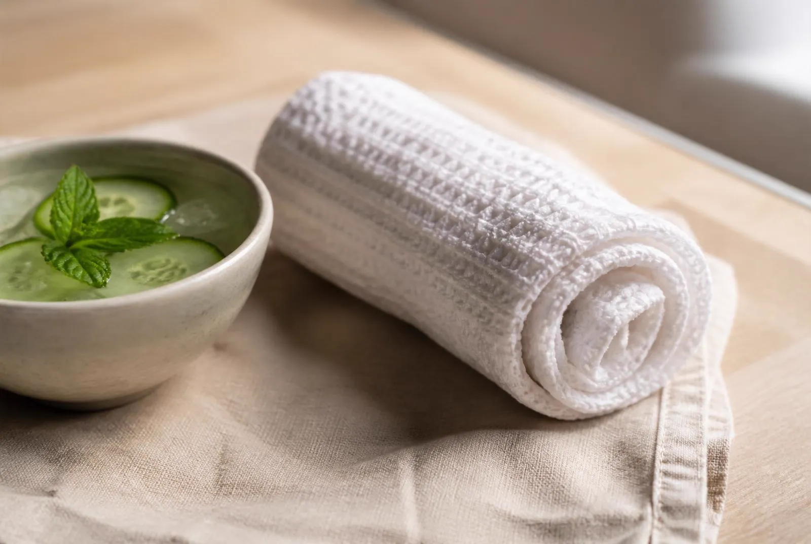 Chilled DIY cold oshibori towel rolled in waffle-weave cotton on a linen napkin, next to a small ceramic bowl of ice water with cucumber slices and fresh mint