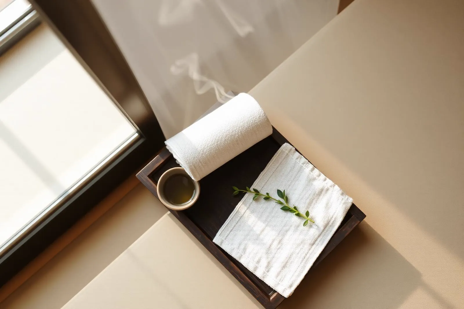 Rolled warm white cotton oshibori hand towel on a dark wooden tray with a small bowl of green tea, prepared at home