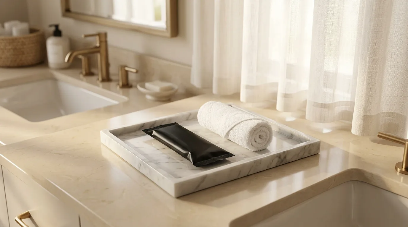 Sealed oshibori towel packages on a marble tray in a luxury home bathroom