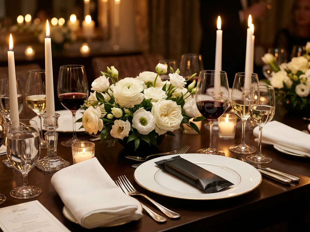 Sealed oshibori towel packages on plates at an elegant dinner party table