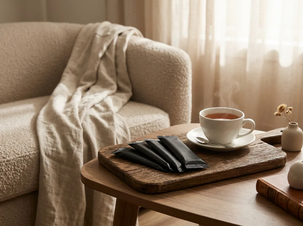 Sealed oshibori towel packages on a wooden serving board with tea in a cozy living room