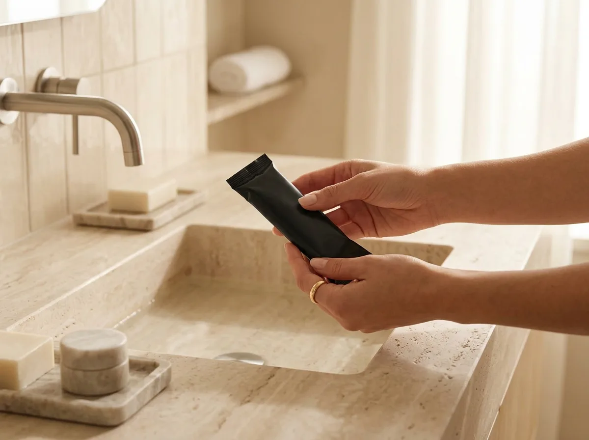 Hands holding a sealed oshibori towel package in a luxury bathroom