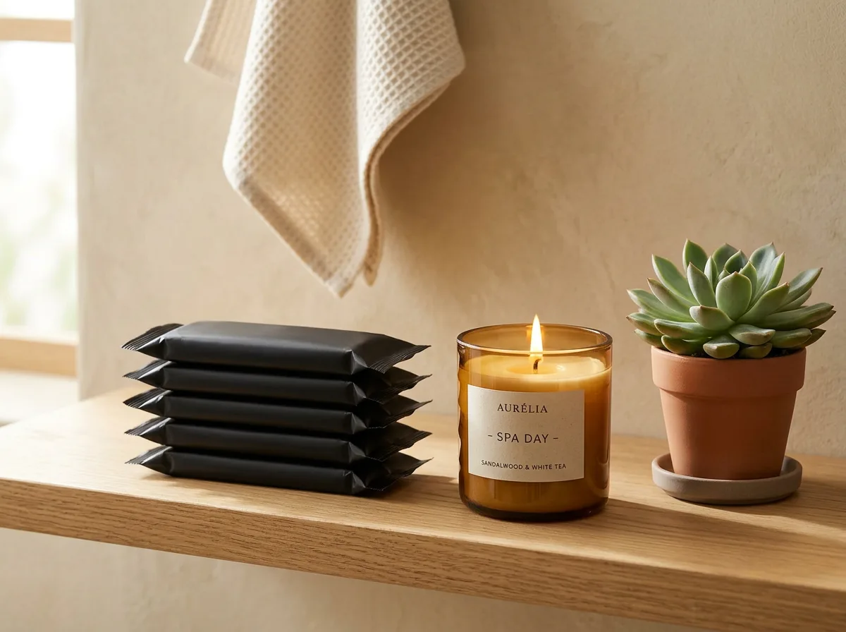 Sealed oshibori towel packages on a minimalist bathroom shelf next to a candle