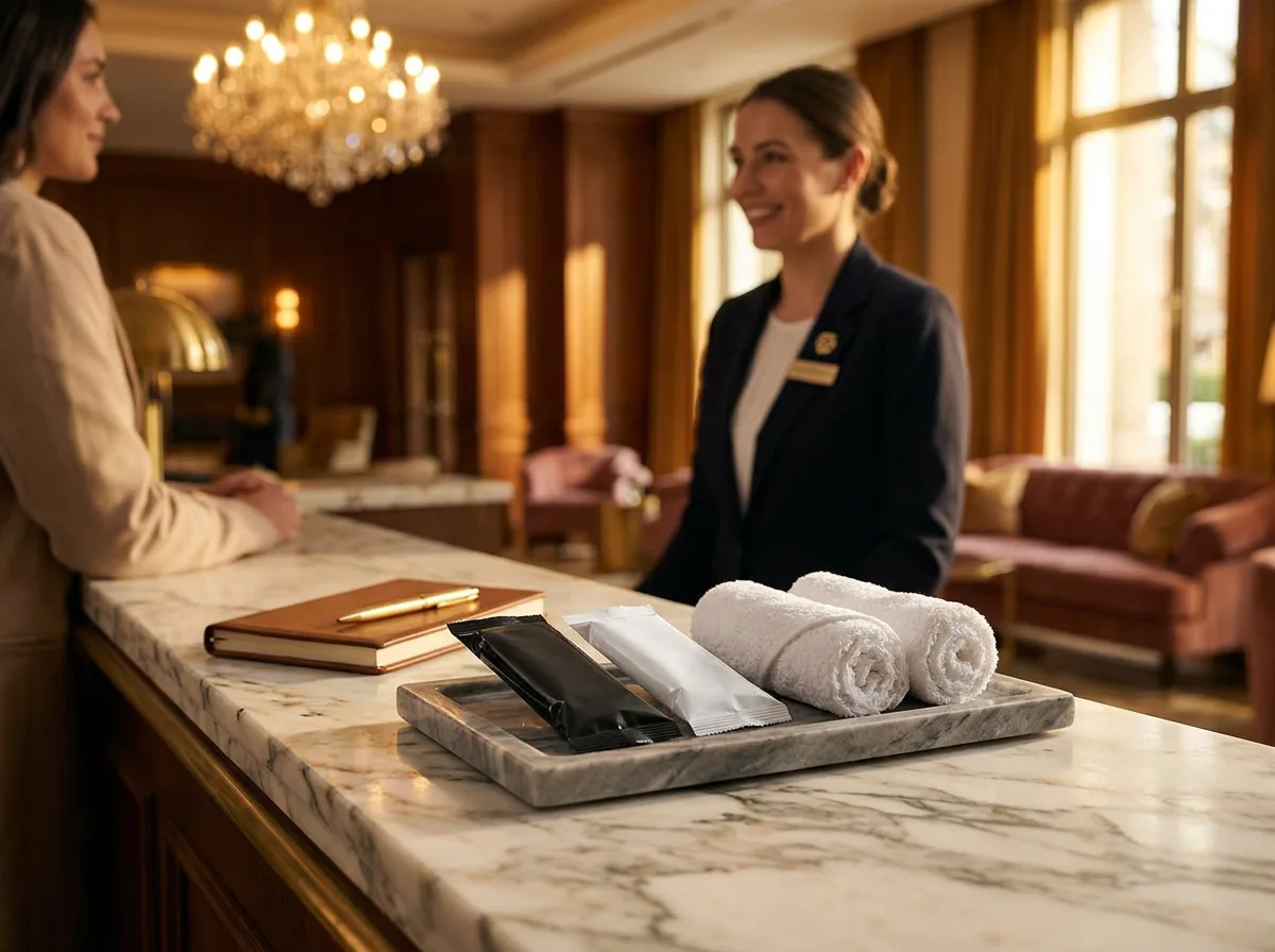 Branded oshibori towel offered at luxury hotel check-in