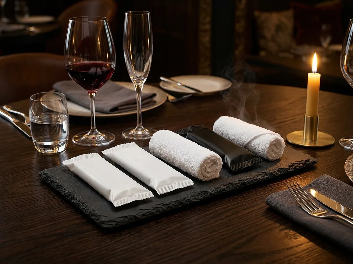 Sealed oshibori towel packages on a private dining table at a luxury party