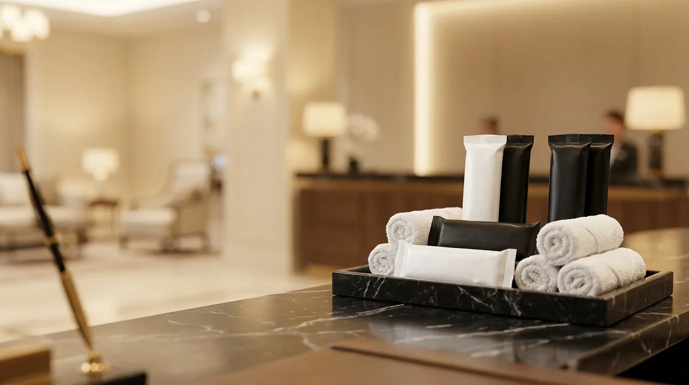 Premium oshibori towels displayed in a luxury hotel lobby