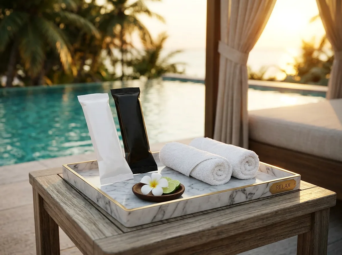 Chilled oshibori towels poolside at a luxury resort