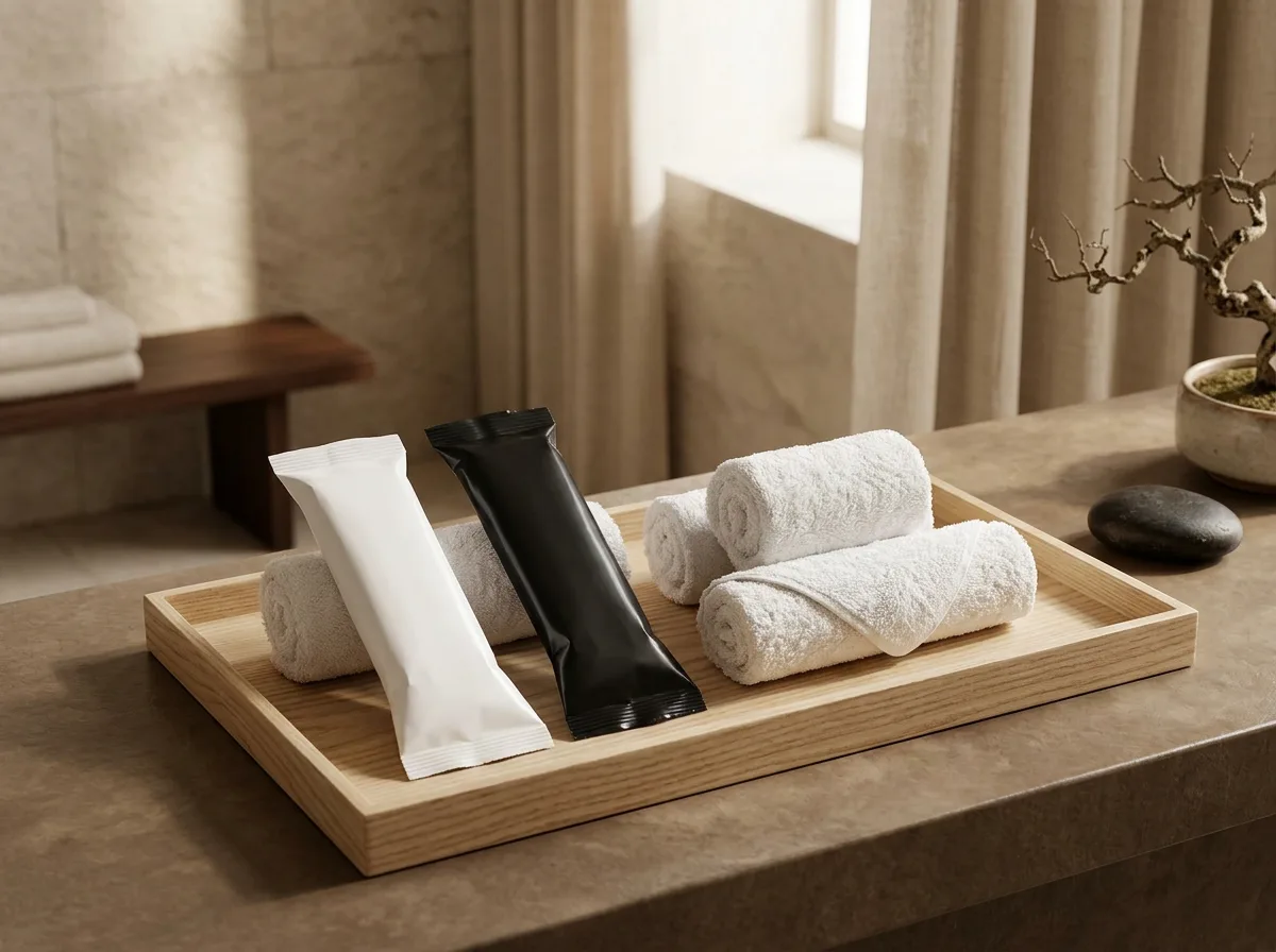 Sealed oshibori towel packages in a luxury hotel spa setting