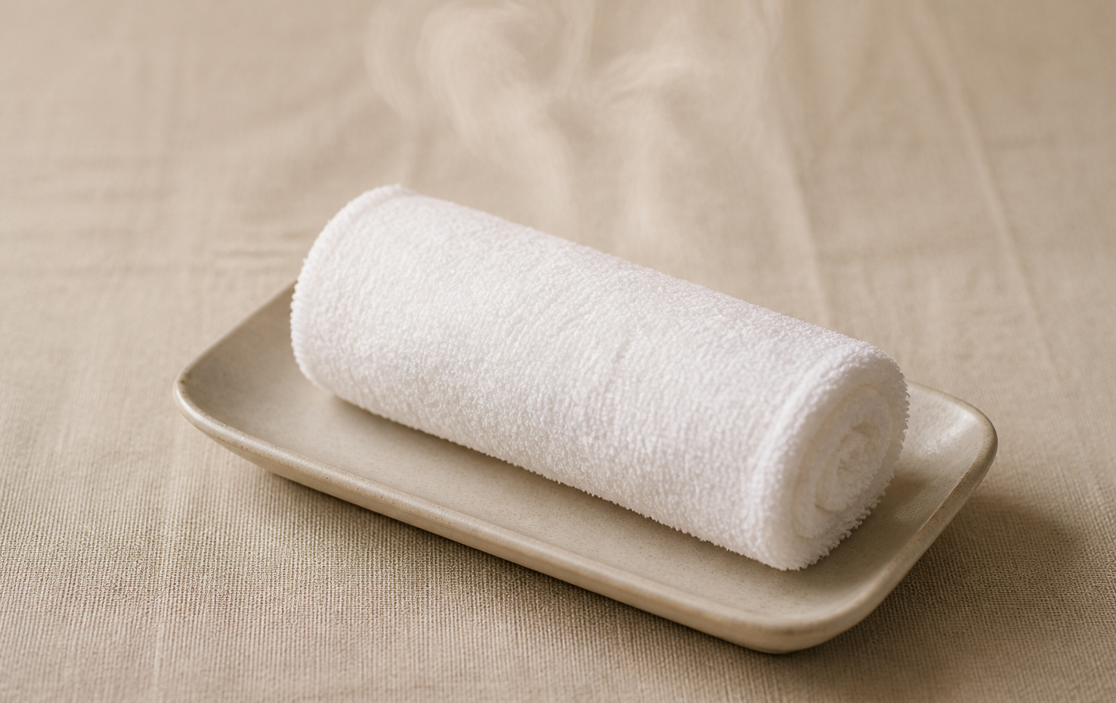 Premium white oshibori hand towel rolled on a ceramic tray with soft steam rising, served warm as a Japanese hospitality welcome