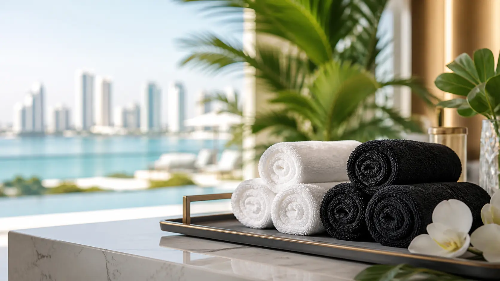 Luxury oshibori towels in white and black on a tray overlooking Miami waterfront