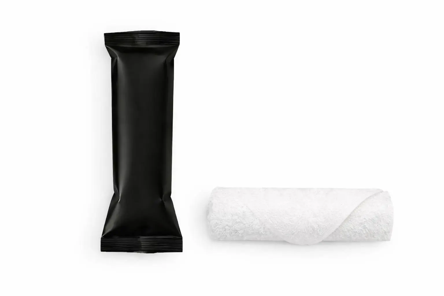 Custom branded oshibori towel in black sealed wrapper with gold logo, individually packaged for luxury hospitality service