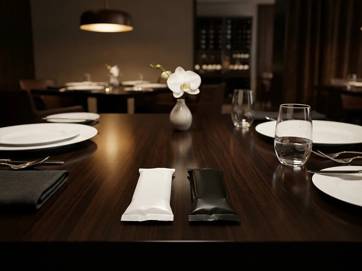 Sealed oshibori towel packages on polished dark wood dining table between courses