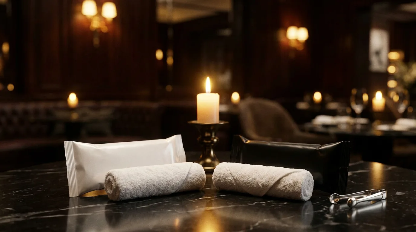 Premium oshibori towels displayed on dark marble surface in fine dining restaurant
