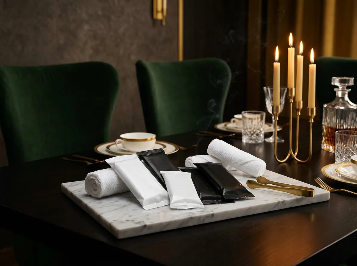 Branded oshibori towels arranged on a tray at a VIP event