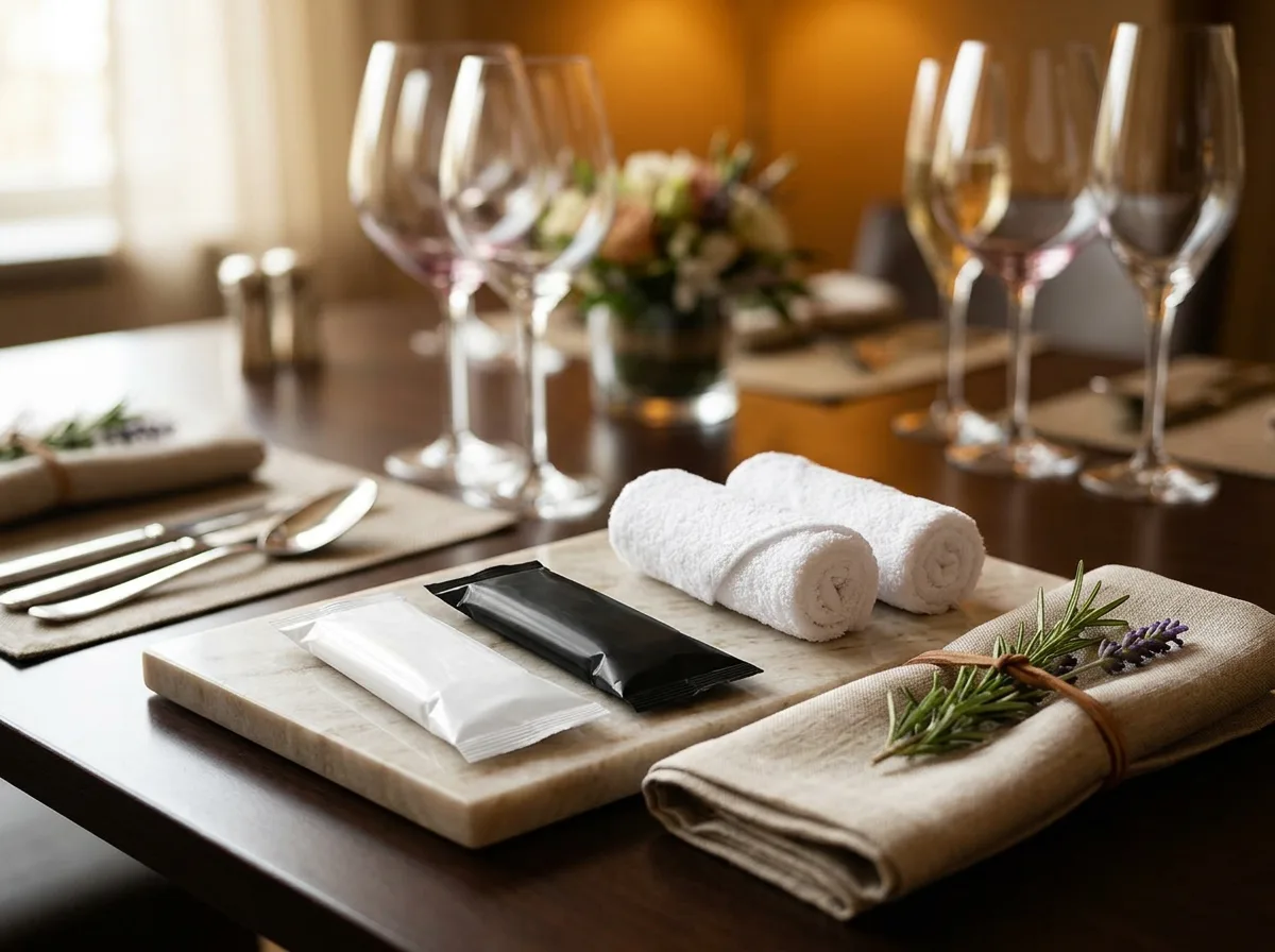 Custom branded oshibori on a fine dining table before the meal
