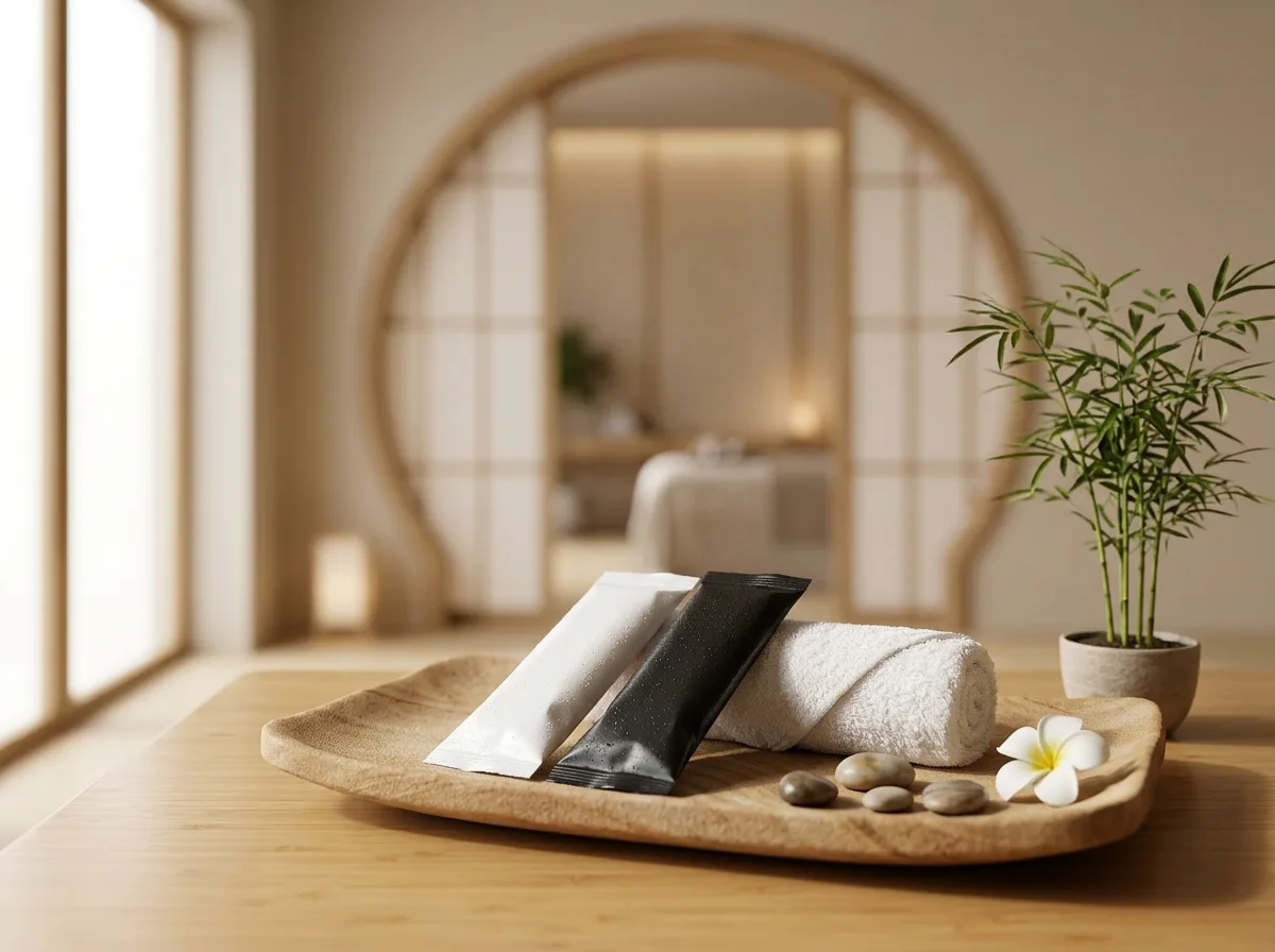 Oshibori towels presented on wooden tray at luxury spa arrival reception