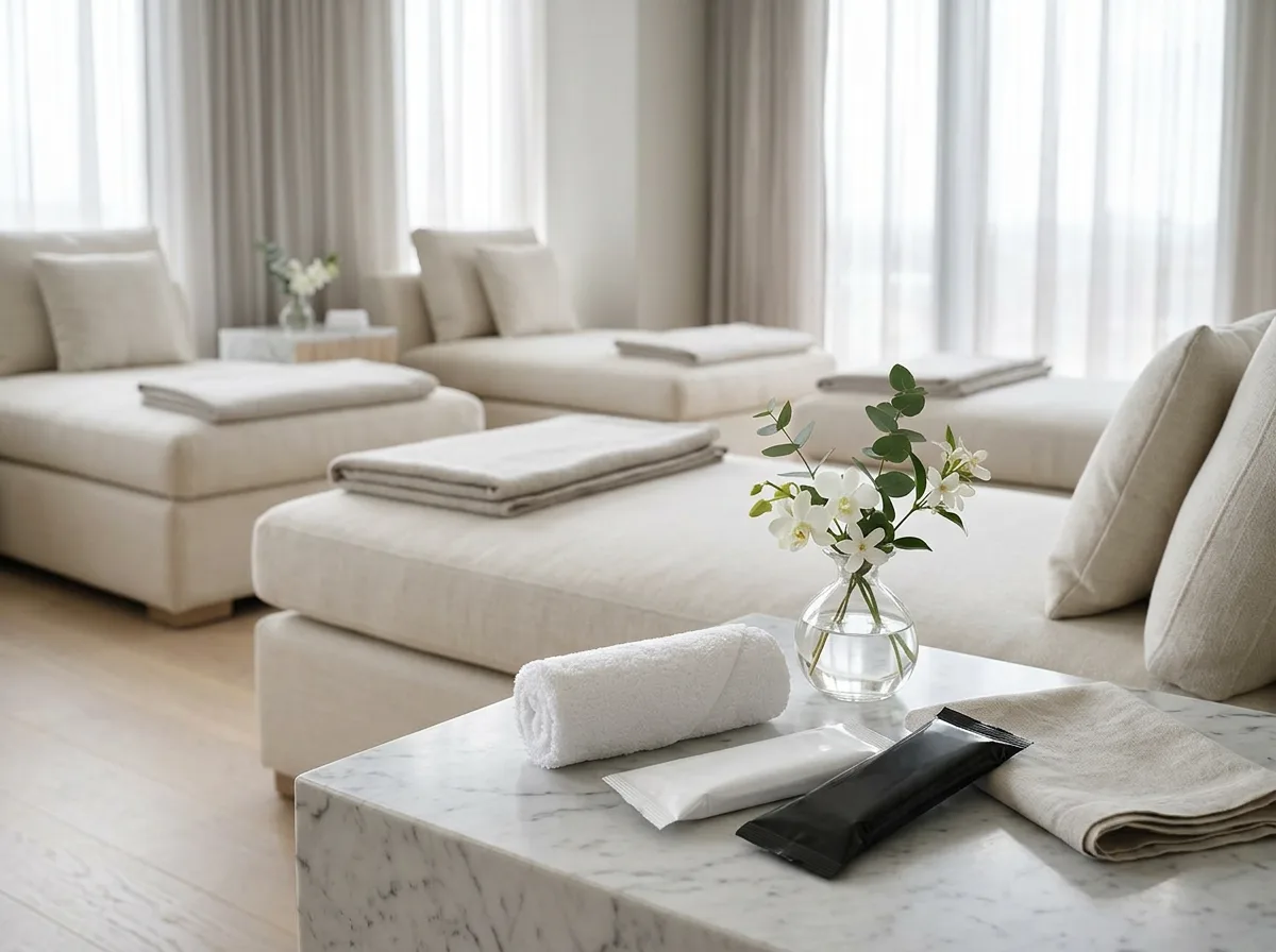 Oshibori towels on marble surface in luxury spa relaxation lounge