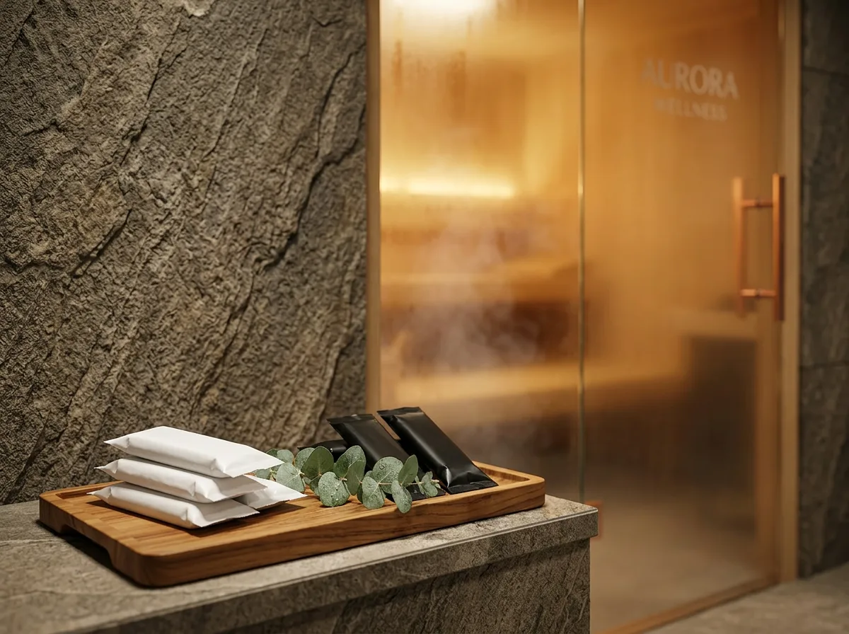 Premium oshibori towels on teak tray beside luxury sauna entrance