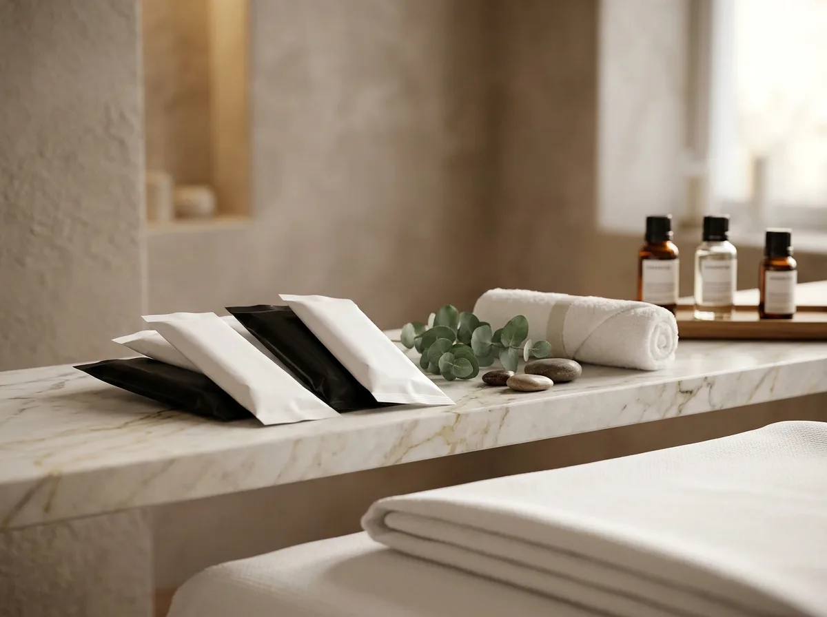 Scented oshibori towel in a luxury spa treatment room
