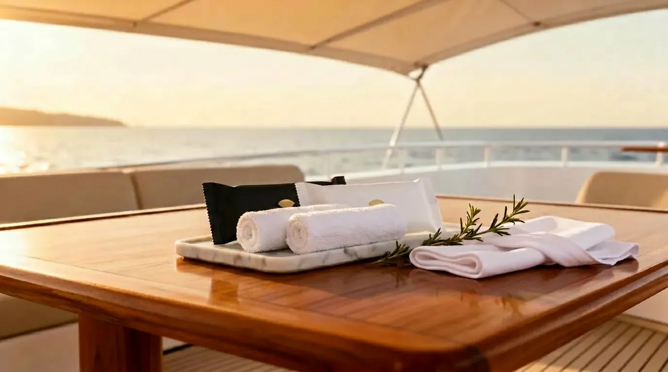 Premium black and white sealed oshibori towels on a marble tray on a luxury yacht deck with sea view at golden hour